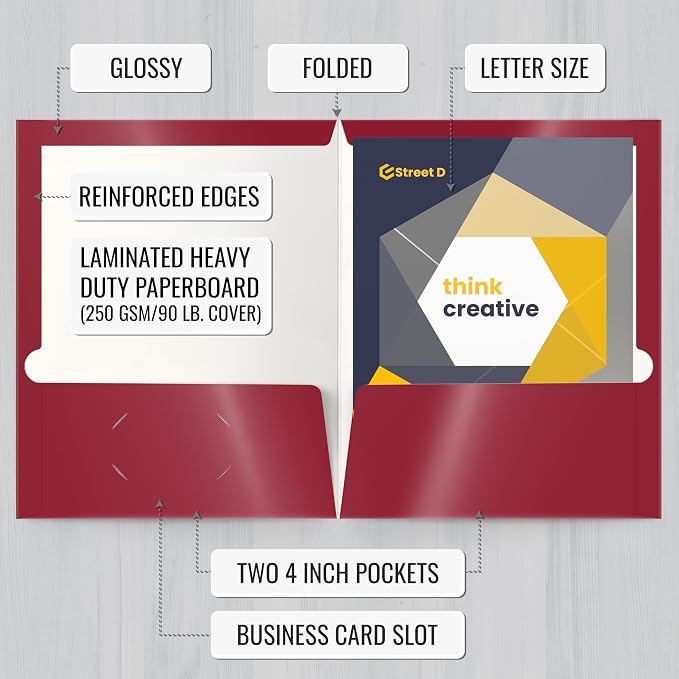 Better Office Products 2 Pocket Glossy Laminated Burgundy Red Paper Folders, Box of 25, Letter Size, Burgundy Red Paper Portfolios