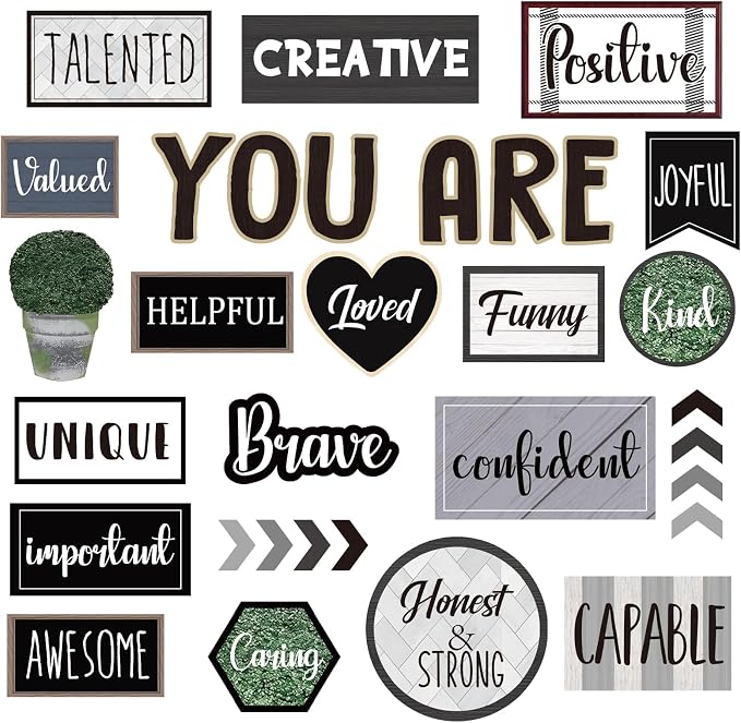 FYSUIMU 26Pcs Modern Farmhouse Inspirational Bulletin Board Decorations Motivational Sayings Paper Cutouts with 100Pcs Glue Points for Back to School Party Classroom Craft Wall