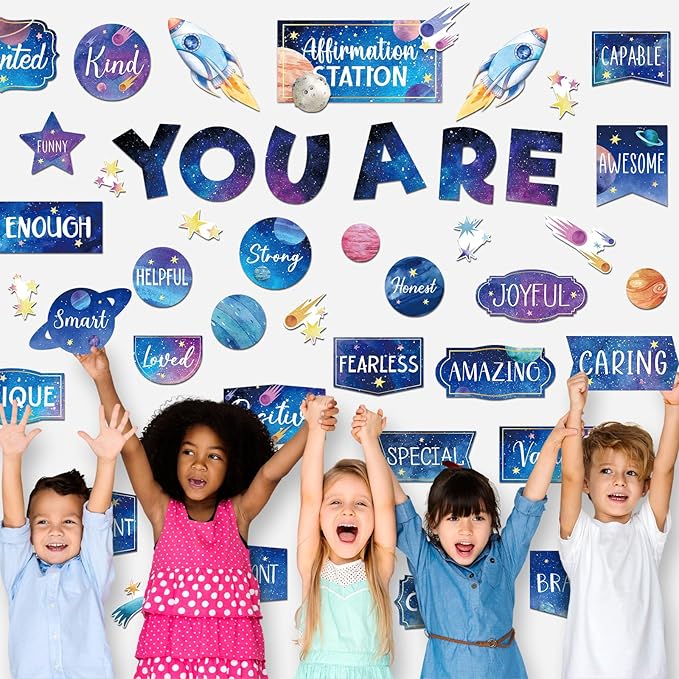 45pcs Space Affirmation Station Bulletin Board Set Motivational Posters Classroom Mirror Growth Mindset Decor Positive Affirmations Accents Cutouts for School Office Home Teacher Wall Supply