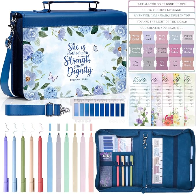XKDOUS Floral Bible Cover for Women 24 Pcs Leather Carrying Book Cases Kit with Shoulder Strap, Handle, Study Supply Accessories Organizer Christian Gifts Tote Bag for Mom Lady Men