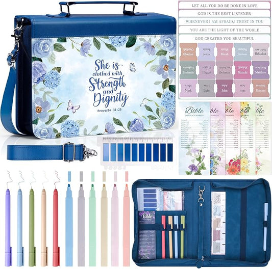 XKDOUS Floral Bible Cover for Women 24 Pcs Leather Carrying Book Cases Kit with Shoulder Strap, Handle, Study Supply Accessories Organizer Christian Gifts Tote Bag for Mom Lady Men
