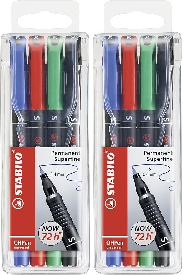 STABILO OHP Pen OHP Pen Permanent - Superfine - Wallet of 4 - Assorted Colors (Pack of 2)