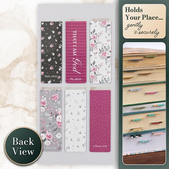 Christian Art Gifts Magnetic Scripture Bookmark Set for Women with Beloved Scripture Favorites -Inspirational Pink Roses Magnetic Bible Verse Pagemarker Set of 6 for Bibles and Books, Size 2.3” x 0.8”