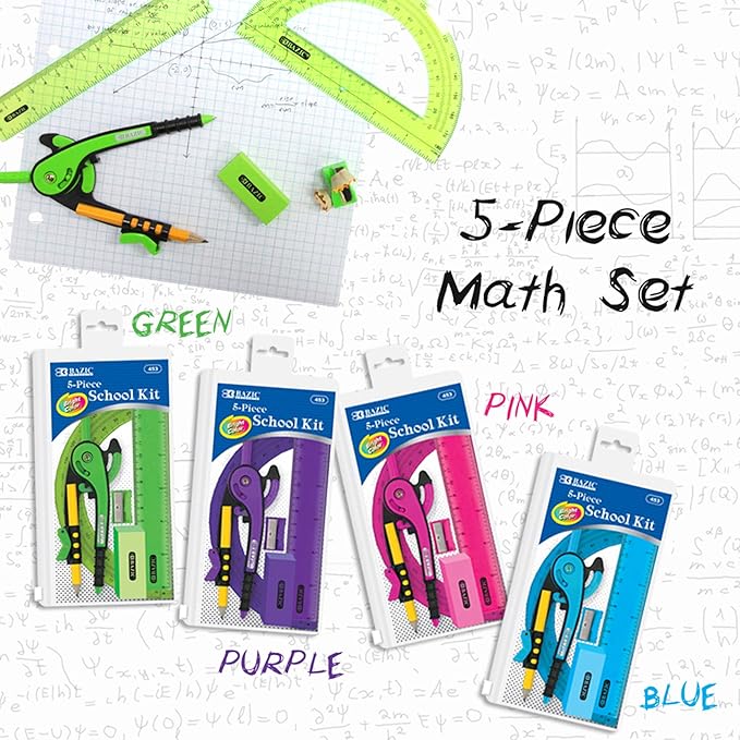 BAZIC Products Math Geometry Set 5 Pieces, Protractor, Compass, Sharpener, Wood Pencil, Eraser, Storage Zipper Pouch, Drafting Drawing Tool, 4-Packs