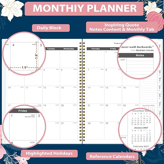 2027-2028 Monthly Planner/Calendar - Jan. 2027 - Dec. 2028, 9" x 11", Calendar Planner 2027-2028, 2 Year Monthly Planner, 24 Monthly Tabs, 2-Size Pocket