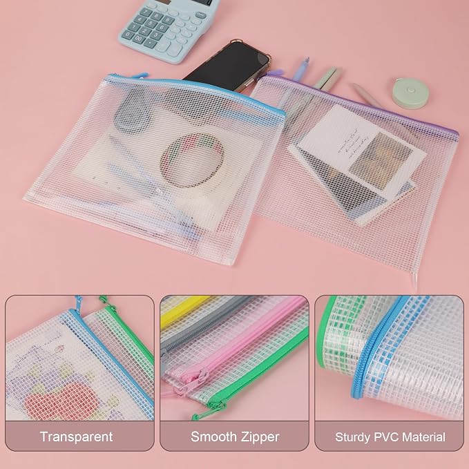 Multibey 10 Pack 10 Colors Mesh Zipper Pouch Bags, B5 Size Waterproof Plastic Zipper Pouches for Board Game Storage, Mesh Bags with Zipper for School Office Home (B5 11.4 x 8.5 inch)