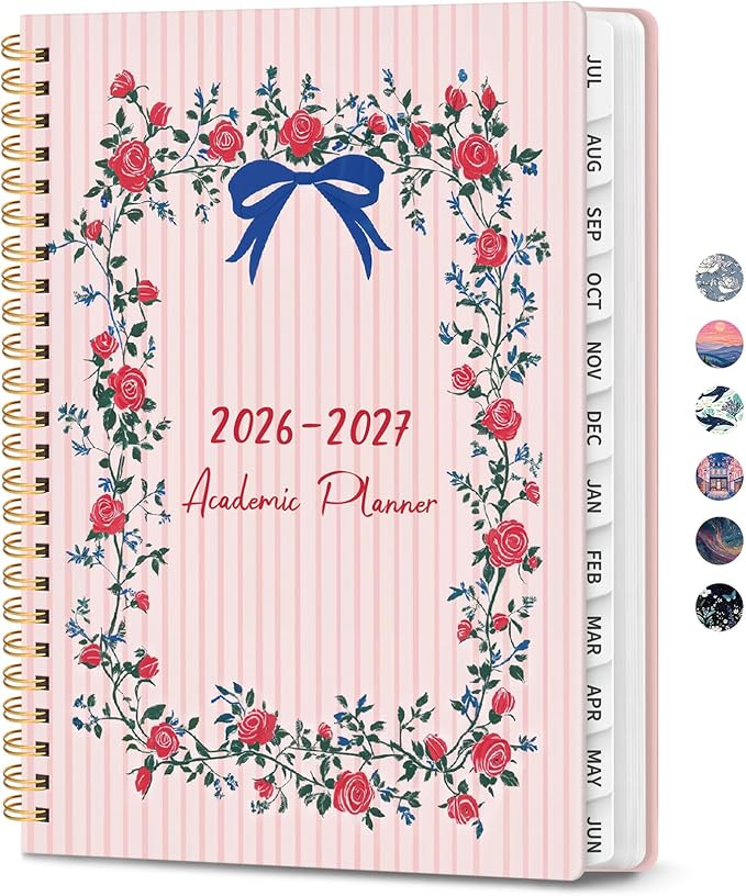 2026–2027 Academic Planner, Weekly and Monthly Planner for Women, July 2026 - June 2027, Pretty Hardcover 2026–2027 Academic Planner with Tabs, Inner Pocket, Spiral Bound, Perfect Office Home School Supplies - 6.3" x 8.5", Ribbon Wreath