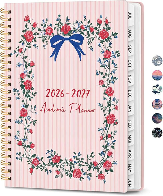 Planner 2026-2027, Monthly and Weekly Academic Planner July 2026 - June 2027, Hardcover Student Teacher Planning Agenda Calendar Book with Tabs, Perfect for Office School Supplies, A5 (6.3" x 8.5") - Ribbon Wreath