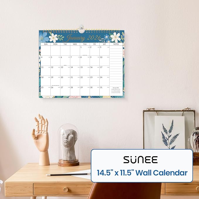 SUNEE 2026 Calendar- 18 Months Wall Calendar Oct. 2025 - Mar. 2027, 14.5"x11.5" Hanging Calendar with Note for Organizing & Planning, 2026 Monthly Calendar with Next Month, Floral