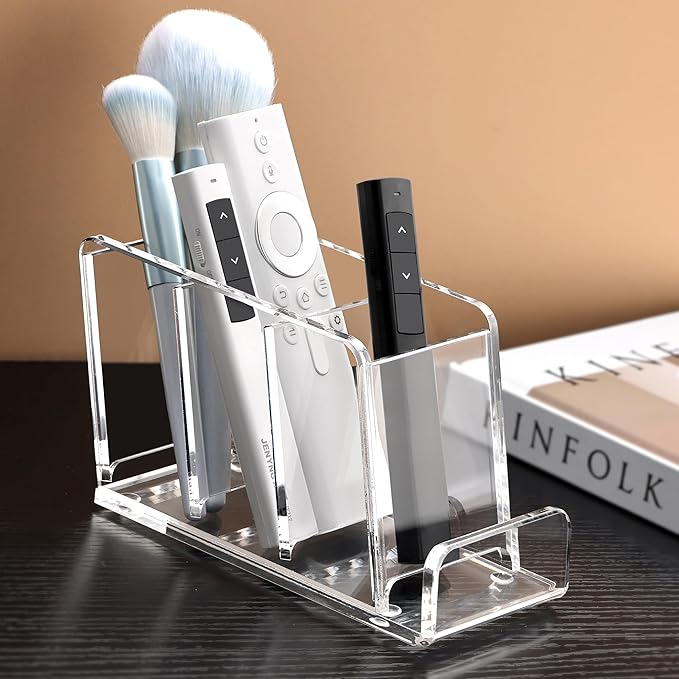 Acrylic Remote Control Holder, 4 Compartments TV Remoter Caddy Desktop Organizer Makeup Brush Holder Storage Fits TV Remotes, Media Controllers, Office Supplies(Clear)