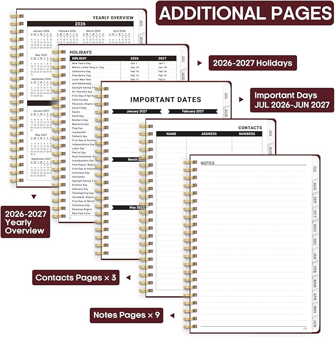 Academic Planner 2026-2027, Weekly and Monthly Calendar Planner Book, July 2026 – June 2027, Hardcover Organizer with Tabs, Perfect for Teachers, Students, Women & Men, A5 (6.4" x 8.5") - Burgundy