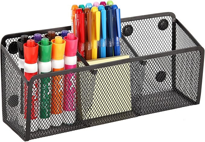 Ameceres Magnetic Pencil Holder - Extra Strong Magnets Mesh Marker Holder Perfect for Whiteboard, Refrigerator and Locker Accessories (3-Compartment (1 Pack))