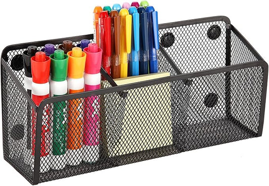 Ameceres Magnetic Pencil Holder - Extra Strong Magnets Mesh Marker Holder Perfect for Whiteboard, Refrigerator and Locker Accessories (3-Compartment (1 Pack))