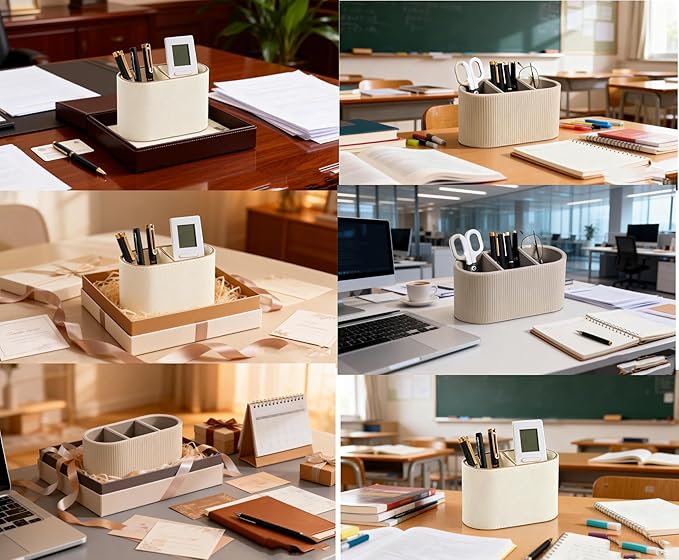 PU Leather Pen Holder with Two Compartments for Office White Pen Holder for Desk Decoration Multifunctional Pencil Organizer for Office Teacher Classroom Cosmetics Gifts Accessories Favor