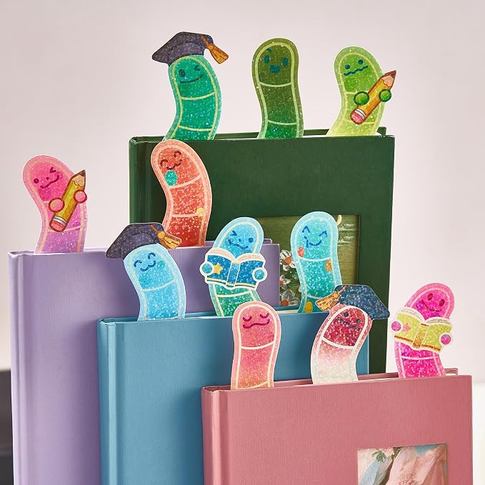 30Pcs Bookworm Bookmarks, Gliter Paper Cute Bookmark, Double Printing, Bookish Gifts for Book Lovers, Students, Readers - Cool Stationery for School & Library