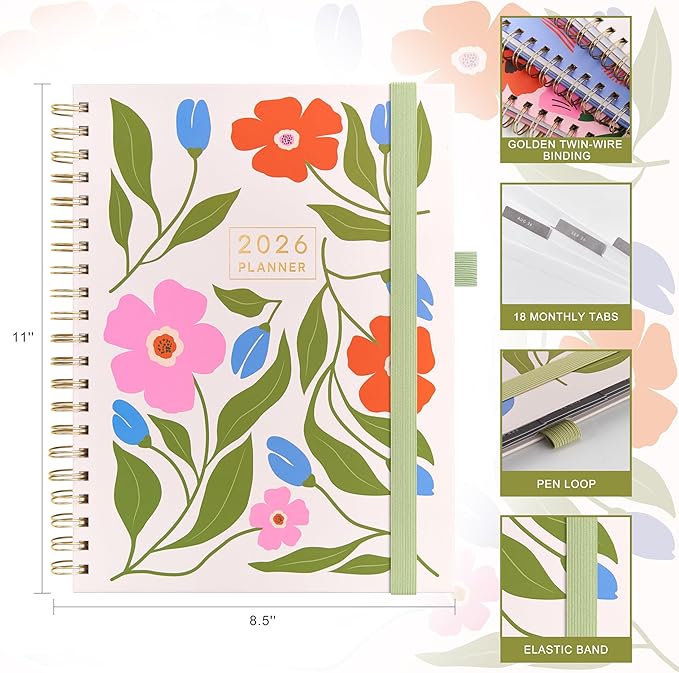 And Per Se 2026 Planner, A4 Size-Daily, Weekly & 18-Monthly Planner, Daily Schedule, Monthly Tabs, 100 GSM Thick Paper(Botanical Floral)