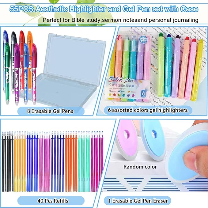 55 Pcs Aesthetic Highlighter and Erasable Pen Set, including 6 Bible Highlighters, 8 Erasable Pens, 40 Refills and1 Eraser,No Bleed, Perfect for Bible Study Journaling Planner Notes School Supplies