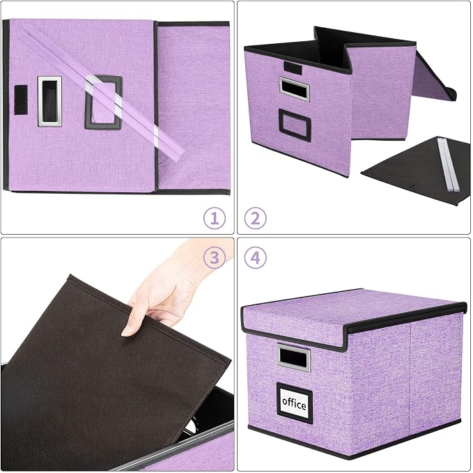 File Organizer Box with Lid, Collapsible File Folder Organizer for Office Document Storage, Filing Box with Plastic Slide for Letter Size Hanging File Folders(1 Pack, Lavender)