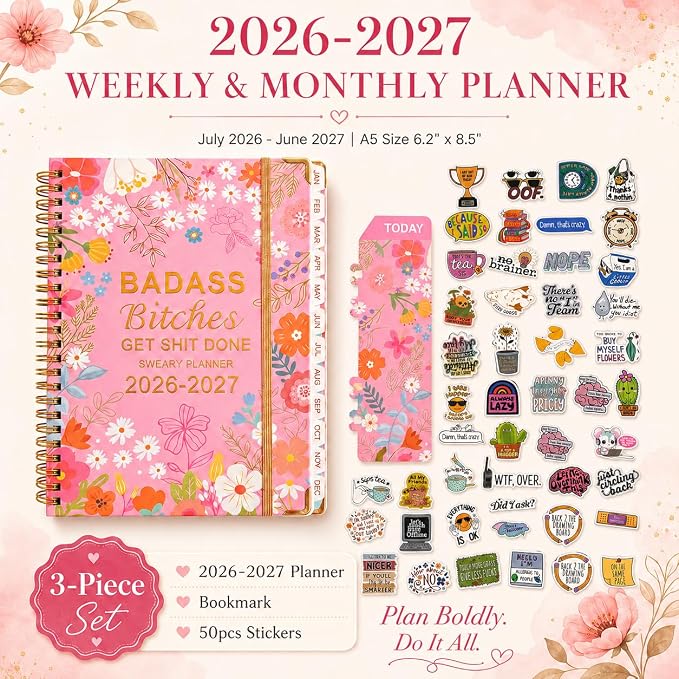 Badass Bitches Get Shit Done Sweary A5 Planner 2026-2027 - 6.2*8.5" Weekly Monthly You Are A Badass Calendar for Women, Fuck It Swear Daily Notebook Goals Productivity Journal Affirmations Gift, Pink
