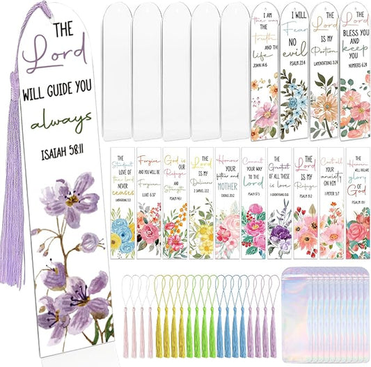 Dazoratix Christian Acrylic Bookmark Blanks - 60 Pcs Bible Verse Bookmarks Making Kit Religious Inspirational Clear Flower UV DTF Transfer Stickers with Ribbons DIY Craft for Reading Women Book Lovers