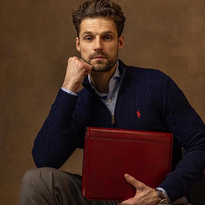 Time Resistance Leather Portfolio - A4 Document Folder - Italian Handcrafted Padfolio Organizer (Red) - Gift Box Included