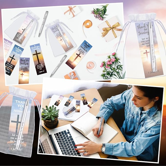 Dispowreath 72 Pcs/36 Sets Church Welcome Gifts Bulk Includes 36 Pcs Church Visitor Bookmarks 36 Pcs Thank You for Joining Us Ballpoint Pens with Gift Bags for Visitors Prayers Baptism Party Favors