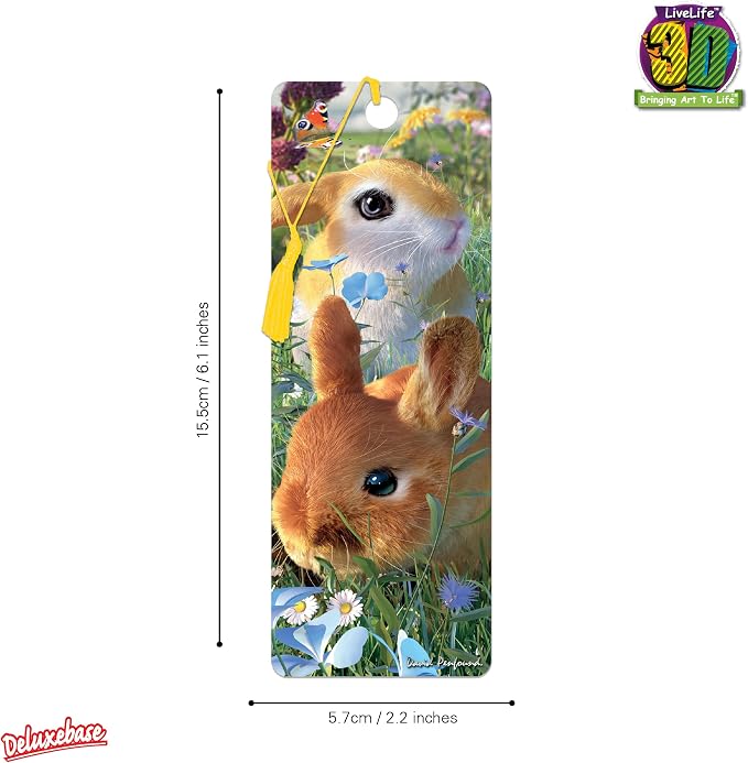 3D LiveLife Bookmark - Bunnies from Deluxebase. Cute Lenticular Rabbit Page Marker. Animal Themed Accessories for Book Lovers. Small Gifts for Men, Women, Writers and Teachers.