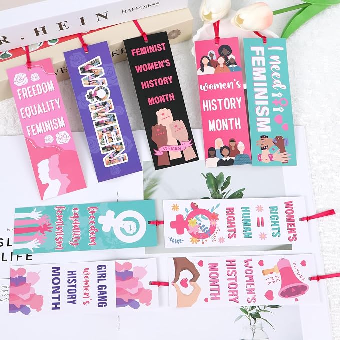 Women's History Month Bookmarks Gifts - Wxiben 120 Pcs National Women's Day Bookmark Freedom Equality Feminism Book Mark Page Clip for March 8th Teacher School Classroom Stationery Handout Supplies