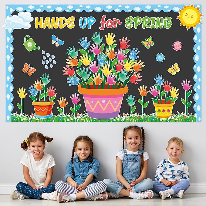 Spring Classroom Bulletin Board Decorations Hands Up for Spring Cutouts Colorful Handprint Flowers Bulletin Board Decoration for Classroom School Office Chalkboard Home Wall Door Decor Supplies