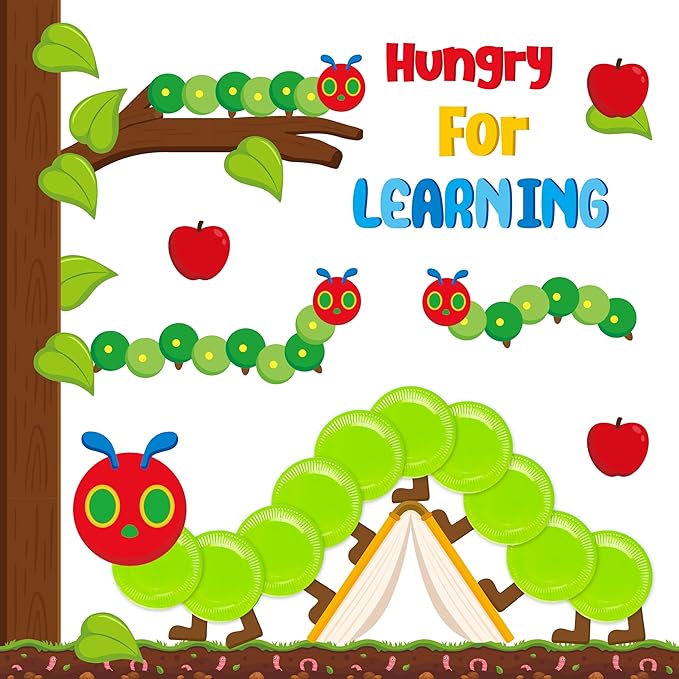 AgincBerry Spring Caterpillar Bulletin Board Decoration - 85Pcs Insect Theme Bulletin Border Set for Classroom 3D Paper Plate Caterpillar Very Hungry for Learning Cutout for White Chalkboard Decor