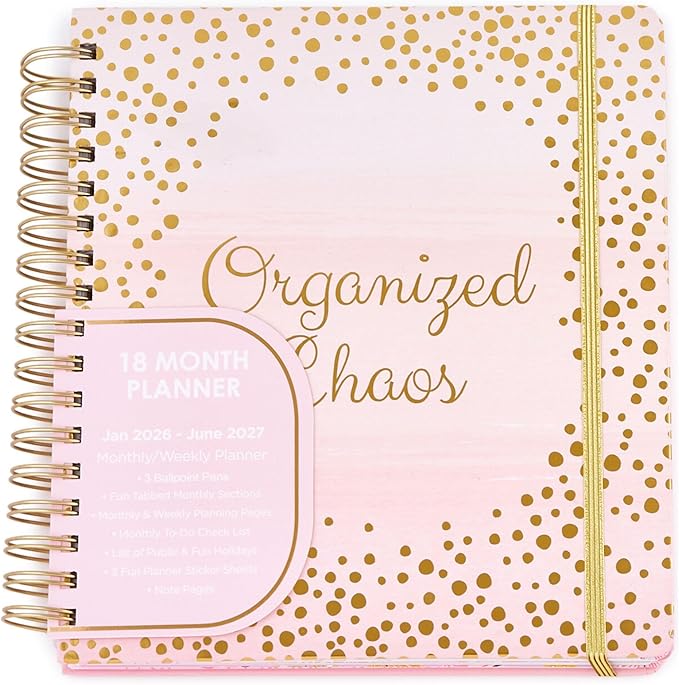 Votum 18 Month Hard Cover Planners/Calendars 10" x 10", January 2026 - June 2027 - Daily, Weekly & Monthly Organizer with Pens, Stickers, Sticky Notes, and a Sturdy Cover - Organized Chaos