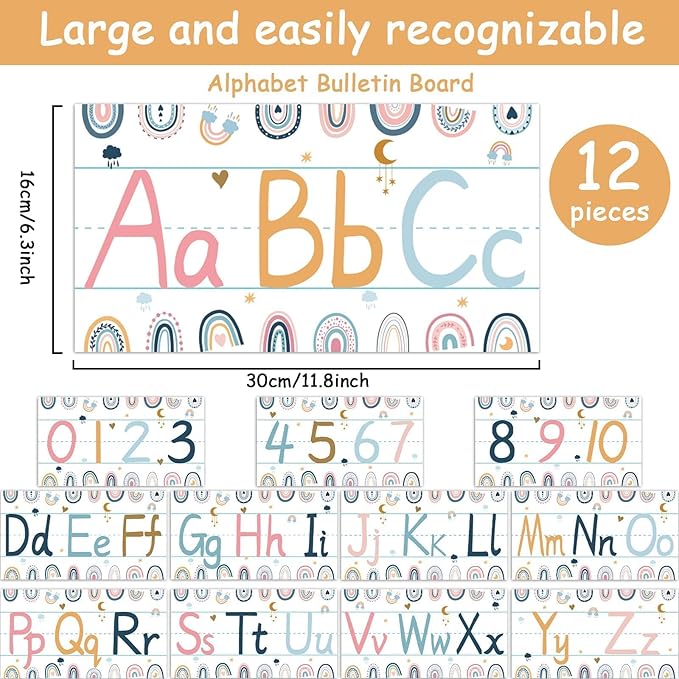gisgfim 12 Pieces Alphabet Bulletin Board Strips Set Boho Rainbow Alphabet Line ABC Alphabet Banner & Number Border Posters for Classroom Bedroom Playroom (Boho Rainbow)