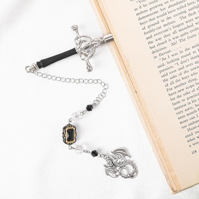 Fantasy Dragon Sword Bookmark - Vintage Metal Book Marks for Men Women Students Teachers Reader Page Mark with Crystal Beads Sliver Dragons Charm Reading Lovers Birthday Gifts Accessories