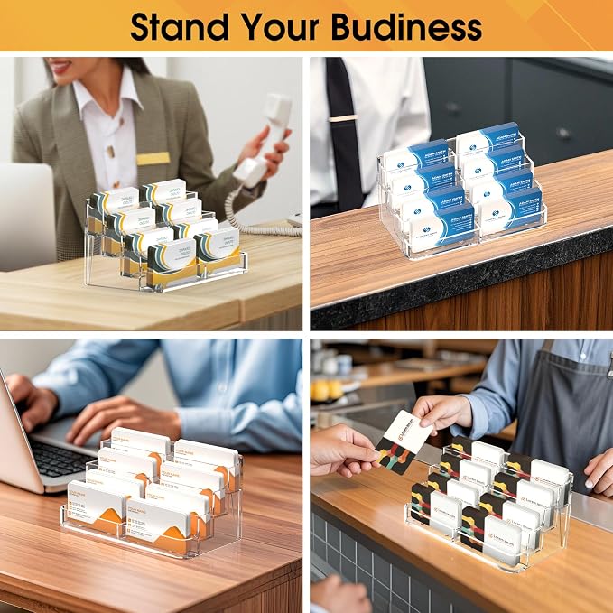 MaxGear 2 Pack Acrylic Business Card Holder for Desk, Clear Desktop Business Card Display Stand with 8 Pockets, 4-Tier Freestanding Card Organizer for Office, Reception, Countertop