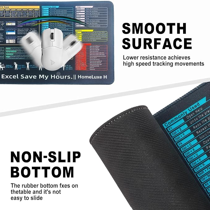 Excel Cheat Sheet Desk pad-Big Mouse Pad(31.5in x 11.8in x 0.1in) | Desk Mat for Microsoft Excel Shortcuts | Office Desk Accessories | Non-Slip Stitched Edge