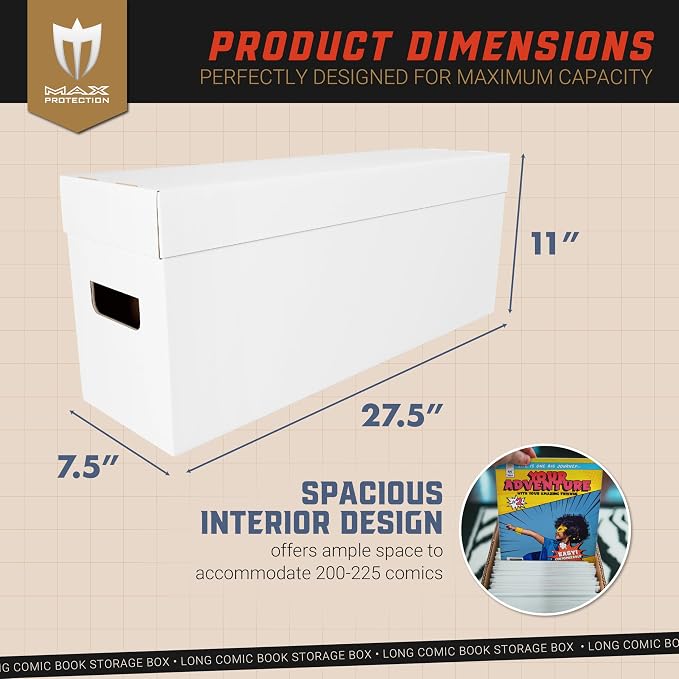 Max Protection 3ct Long Comic Book Storage Box - Durable White Corrugated Cardboard, 200 lb. Test Strength, Easy Assembly, Home & Kitchen Storage Solution, Fits 7 5/8" x 10 7/8" Comics, Made in USA