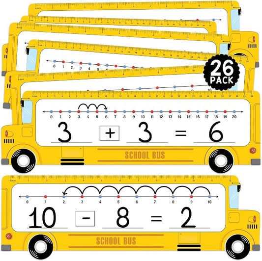 26-Pack School Bus Number Line Dry Erase Boards Cards, 14"x4", Double-Sided, 0-10 on One Side & 0-20 on Other Side, Math Manipulatives for Student, Education Classroom Must Haves