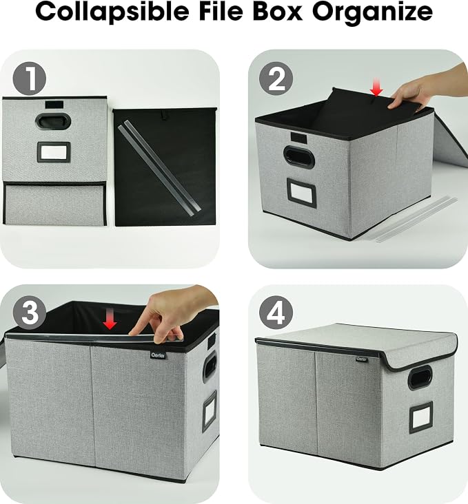 Qerlei File Organizer Boxes with Lids,Collapsible File Folder Organizer with Plastic Slide,Collapsible Filing & Storage Boxes for Office/Decor/Home (Grey, 1 Pack)