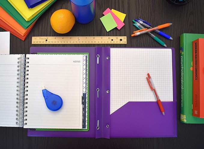Smead Poly Two-Pocket Folder, Three-Hole Punch Prong Fasteners, Letter Size, Purple, 3 per Pack (87734)