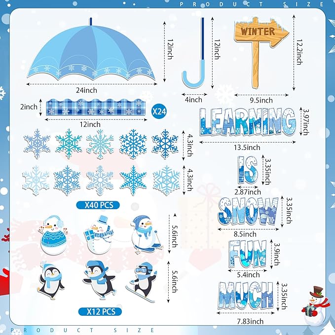 TaoBary 83 Pcs Winter Snowflake Bulletin Board Set Snowflake Penguin Snowman Umbrella Cutouts Learning is Snow Much Fun Bulletin Board Decorations for School Home Chalkboard Wall Decor
