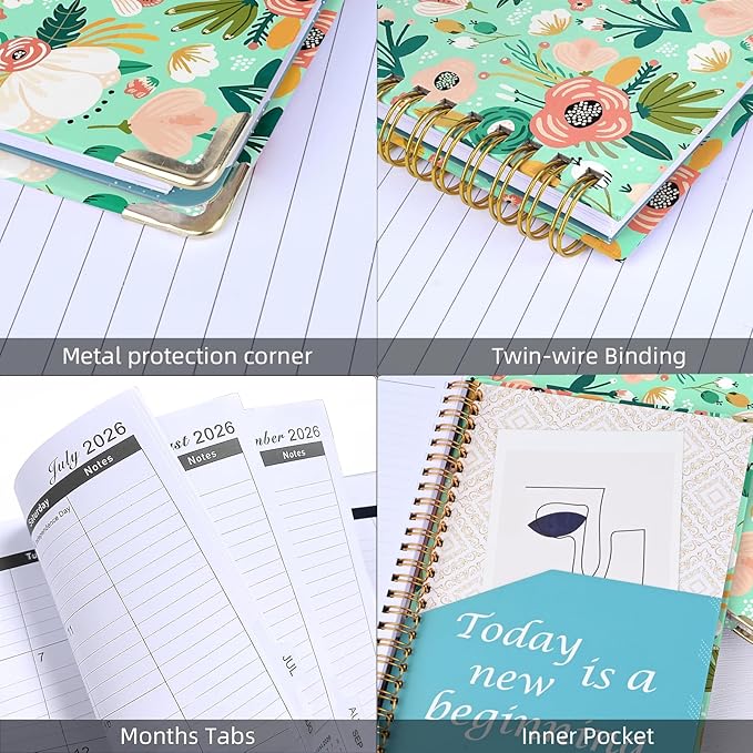 2026 Planner, Jan.2026 - Dec.2026 Planner Weekly and Monthly 6.25"x8.5" with with Page Tabs, Calendar Hardcover with Inner Pocket, Elastic Band, Twin-Wire Binding, Bookmark, Green Flowers