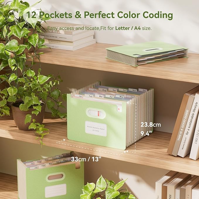 Accordion File Organizer, 12 Pockets Wheat Straw Expanding File Folders, Upright & Open Top, Monthly Bill Receipt Organizer, 100% BPA Free, Return to Nature, Healthy Living, Letter/A4 Size-Mint Green