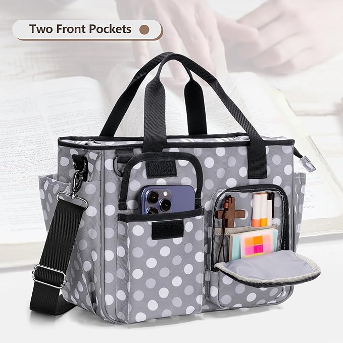 LUXJA Large Bible Bag with Water Bottle Pocket and Shoulder Strap, Bible Tote Bag for Women with Multiple Pockets (Bag Only), Polka Dots