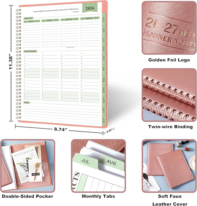Planner 2026-2027 - 11.38'' x 8.74'', Weekly & Monthly Planner Notepad 2026-2027, JUL. 2026 - JUN. 2027, Appointment Book, 60 Minutes Interval, Monthly Tabs, Faux Soft Leather, Spiral Bound - Rose Golden