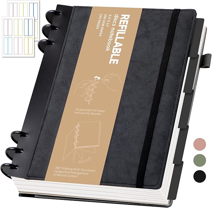 Yoment Refillable Notebooks for Work 5 Subject with Removable Dividers Tabs 240 Pages Hardcover Leather Journals for Writing Large Discbound Planner Colleged Ruled Paper for Men 8.58 x 11,Black