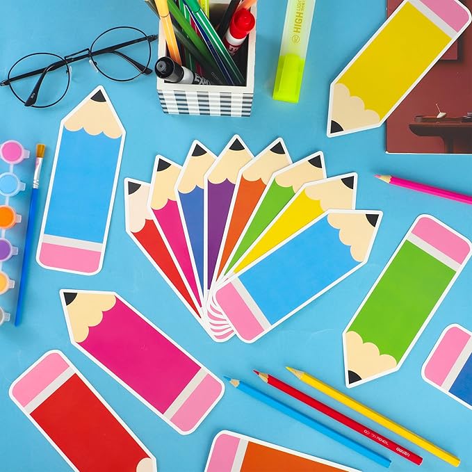 64 Pcs Colorful Pencil Cutouts Pencil Name Tags for Classroom Back to School Bulletin Board Locker Decor Paper Cut Outs with Glue Points for Teacher Student School Bulletin Board Wall Door Party Decor