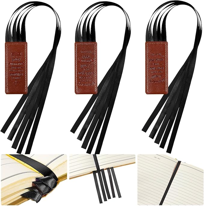 Outus 3 Pieces Bible Ribbon Bookmark Markers Artificial Leather Bookmark with Ribbons for Books Office(Inspirational,Black)