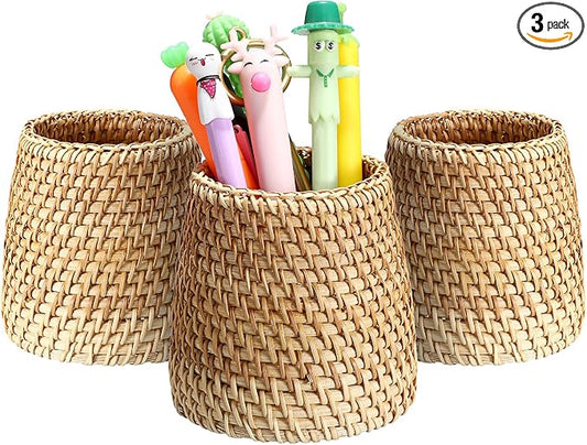BTSKY 3 Pack Rattan Pen Cup, Handmade Desk Pencil Holders Makeup Brush Holder Multi-Functional Woven Basket Office&Home Desktop Organizer (Cone)