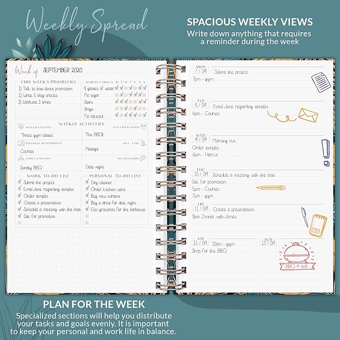 PLANBERRY Weekly Planner Premium – Undated Life Organizer & Budget Planner – Time Management, Goal Setting, To-Do List, Work-Life Balance & Habit Tracker – 6.9″ x 8.5″ (Tropical Forest)