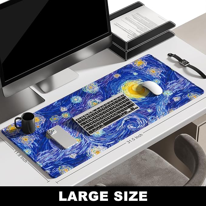 BOSOBO Large Mouse Pad, Desk Pad, XXL XL Extended Gaming Mouse Pad, Desk Mat for Office & Home, Long Keyboard Mat, Huge Mouse Pad, Desktop Full Cover 31.5 x 11.8 Inches, Van Gogh Starry Night